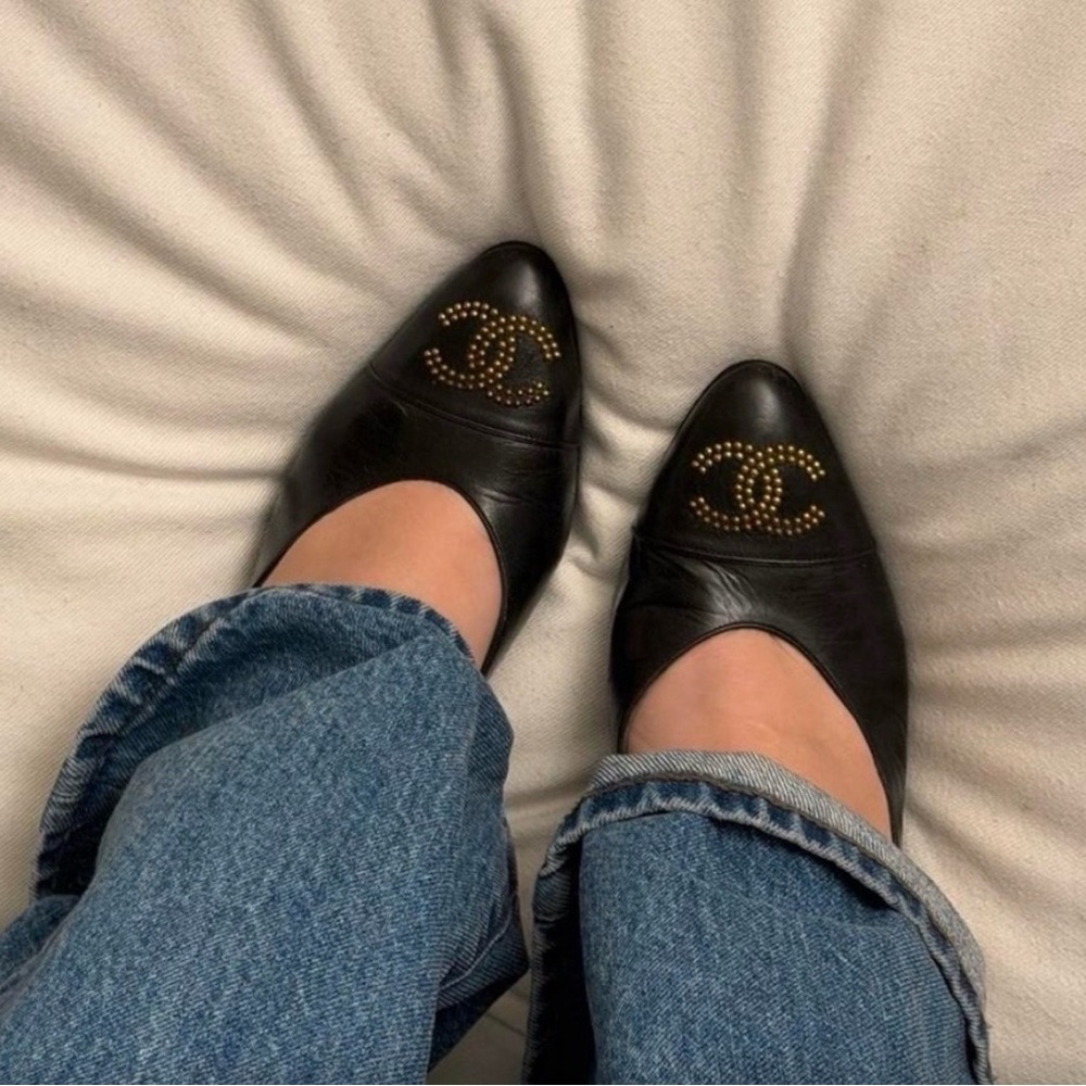 CHANEL Black Leather Heels with Gold CC Studs - Picture 2 of 8
